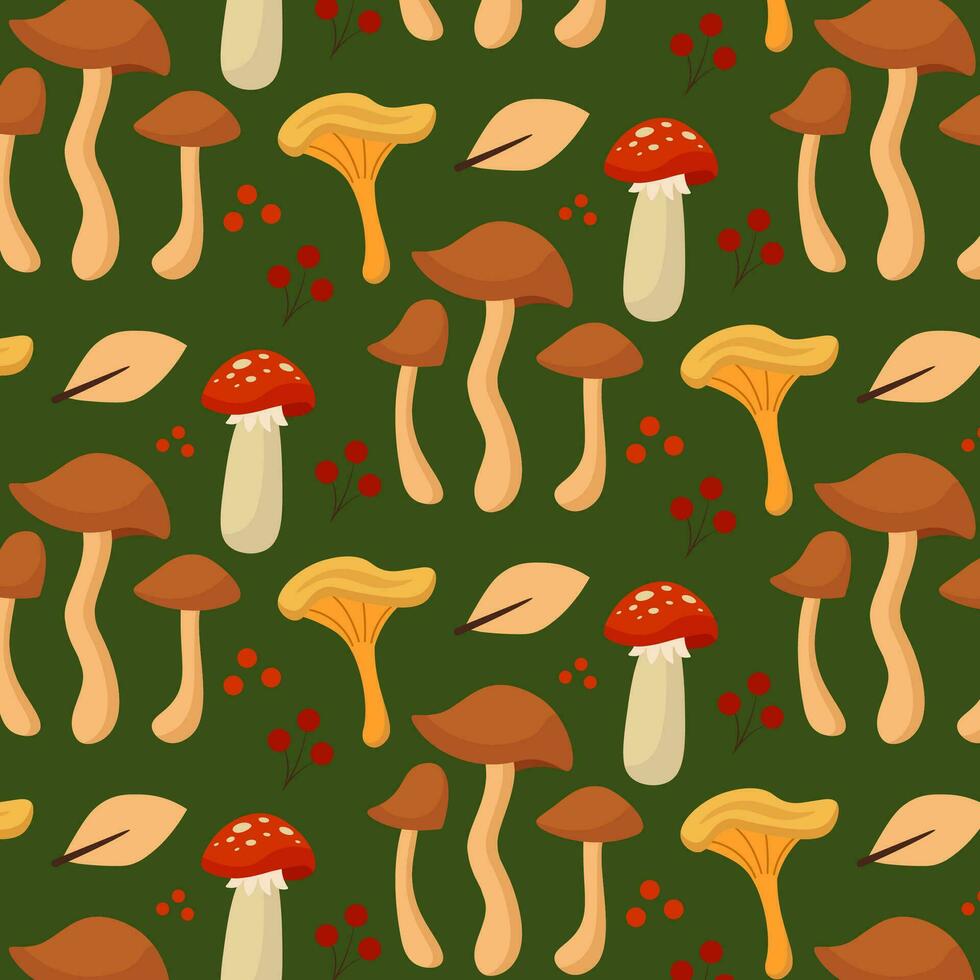 Autumn Pattern With Mushrooms. Forest Background In Earthy Tones. Vector Illustration In Flat Style