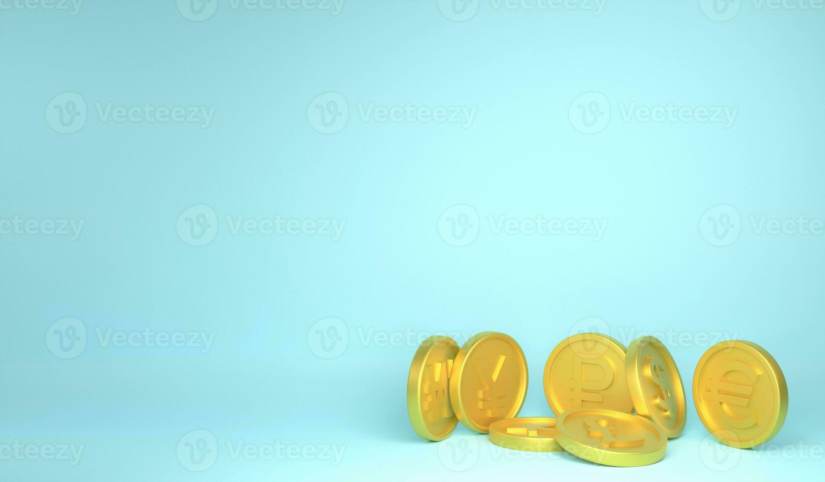 International currency coin exchange and copy space on blue background , 3D rendering finance and investment concept photo