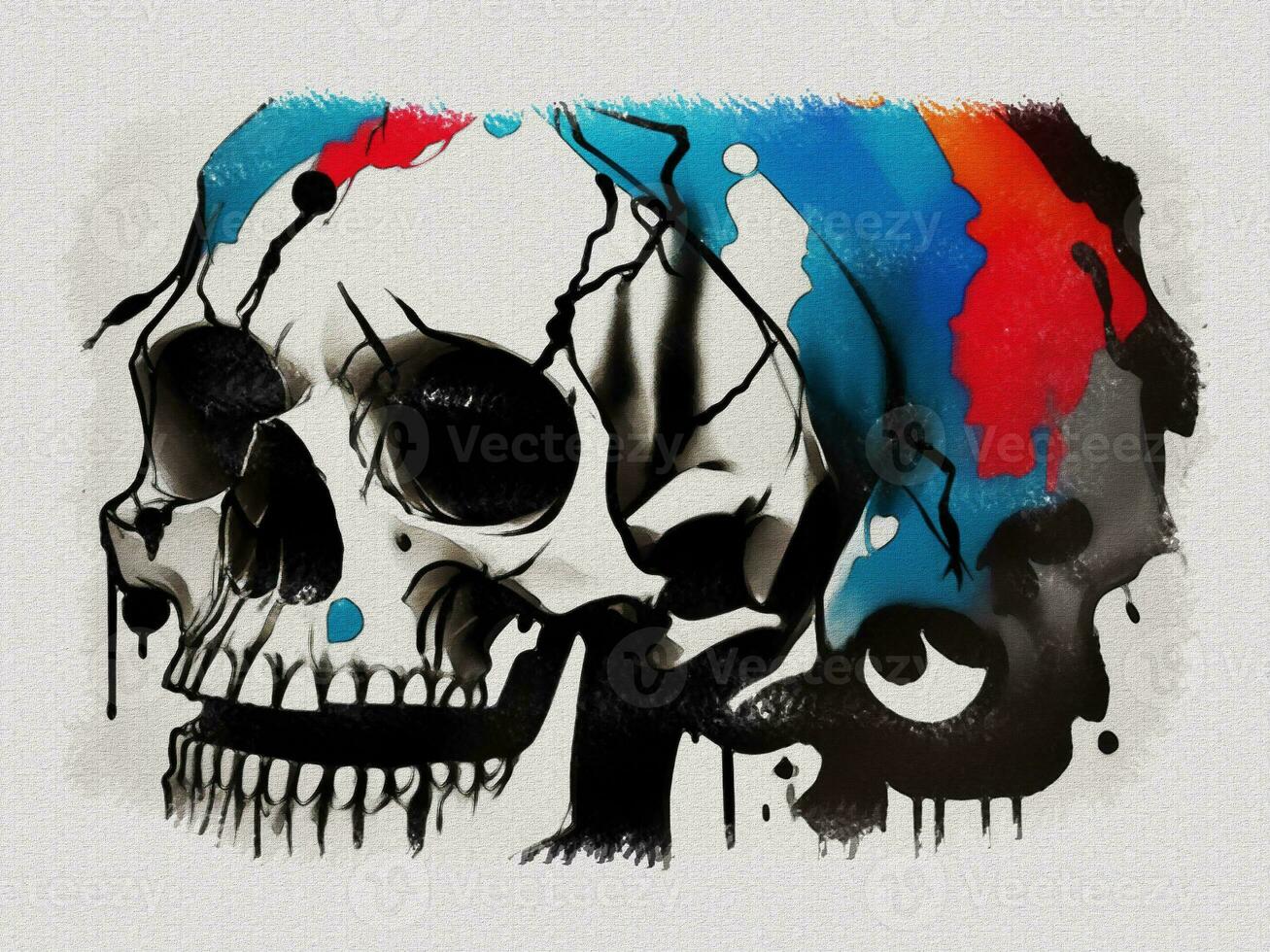 Watercolor colorful graffiti skull art illustration on white paper texture background photo