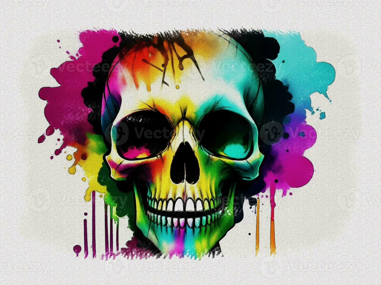 Watercolor colorful graffiti skull art illustration on white paper texture background photo