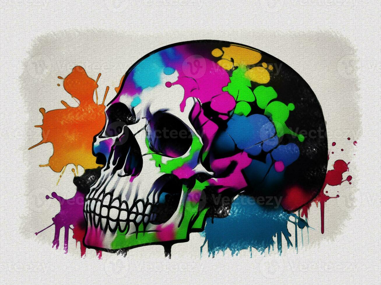 Watercolor colorful graffiti skull art illustration on white paper texture background photo