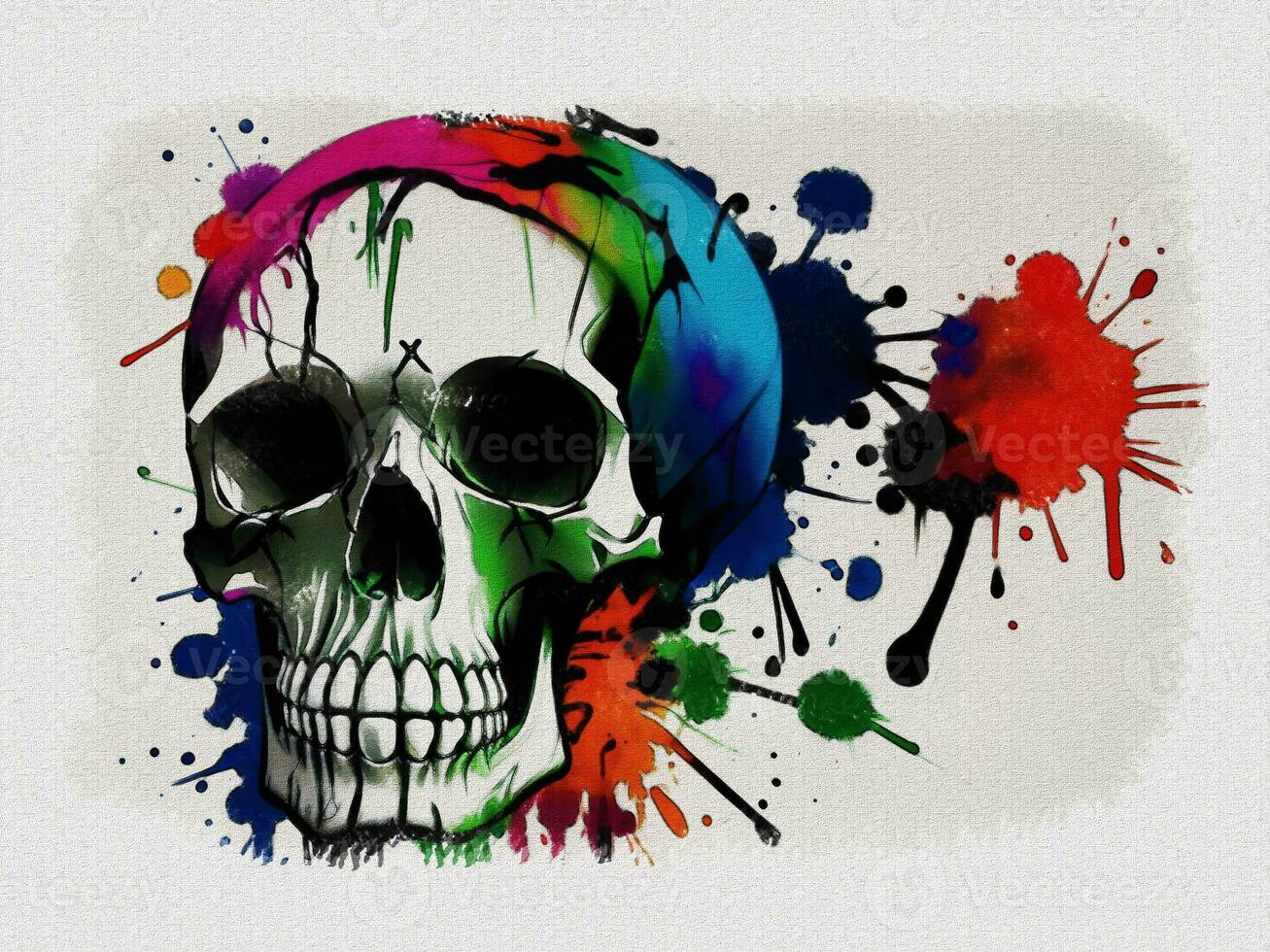 Watercolor colorful graffiti skull art illustration on white paper texture background photo