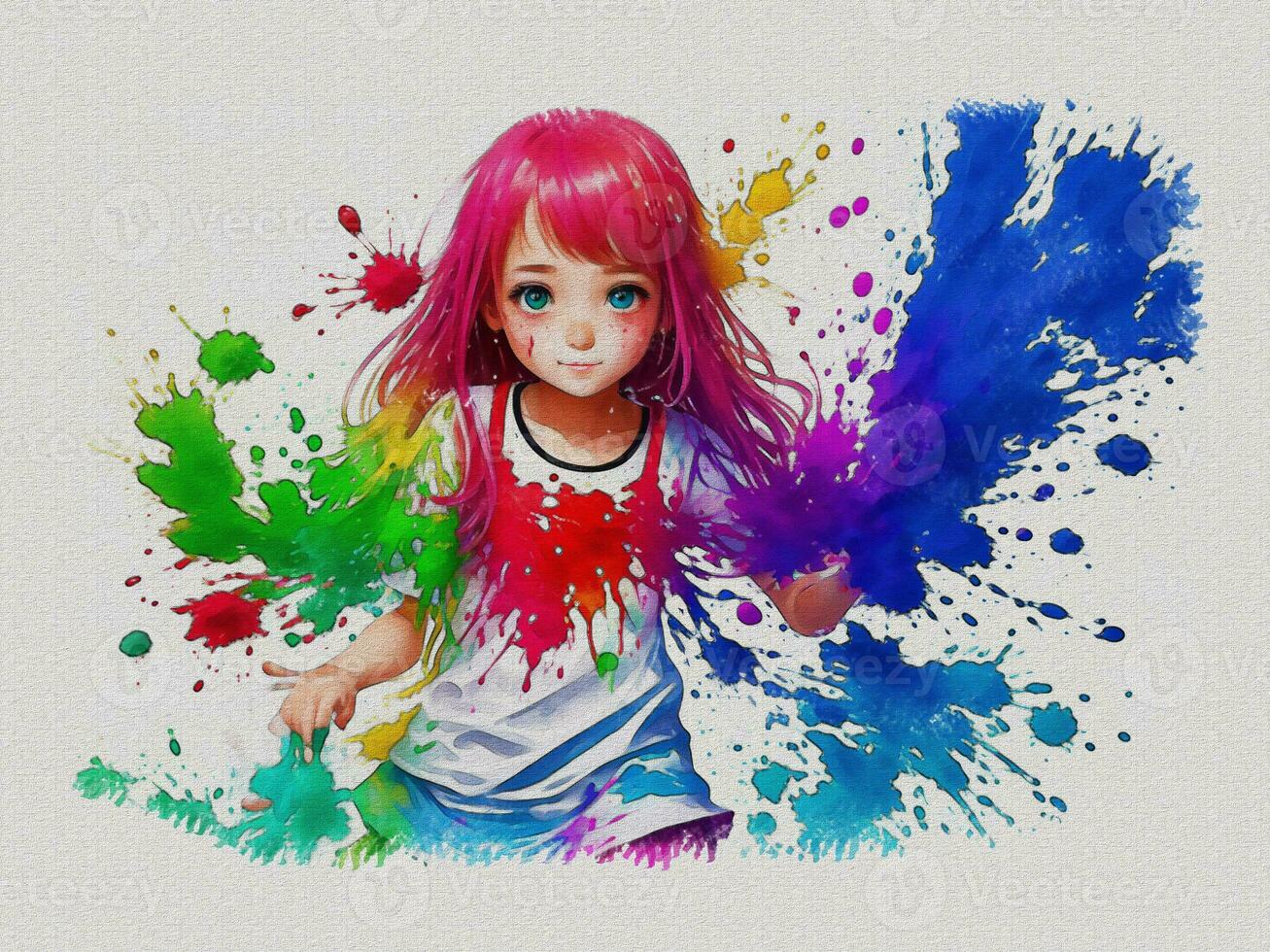 Watercolor cute girl with colored art illustration on white paper texture background photo
