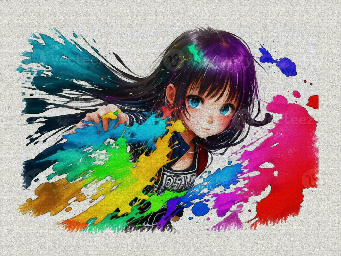 Watercolor cute girl with colored art illustration on white paper texture background photo