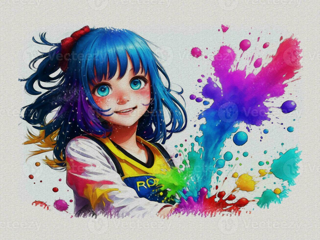 Watercolor cute girl with colored art illustration on white paper texture background photo