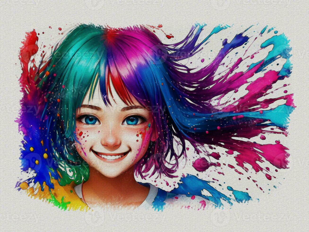 Watercolor cute girl with colored art illustration on white paper texture background photo