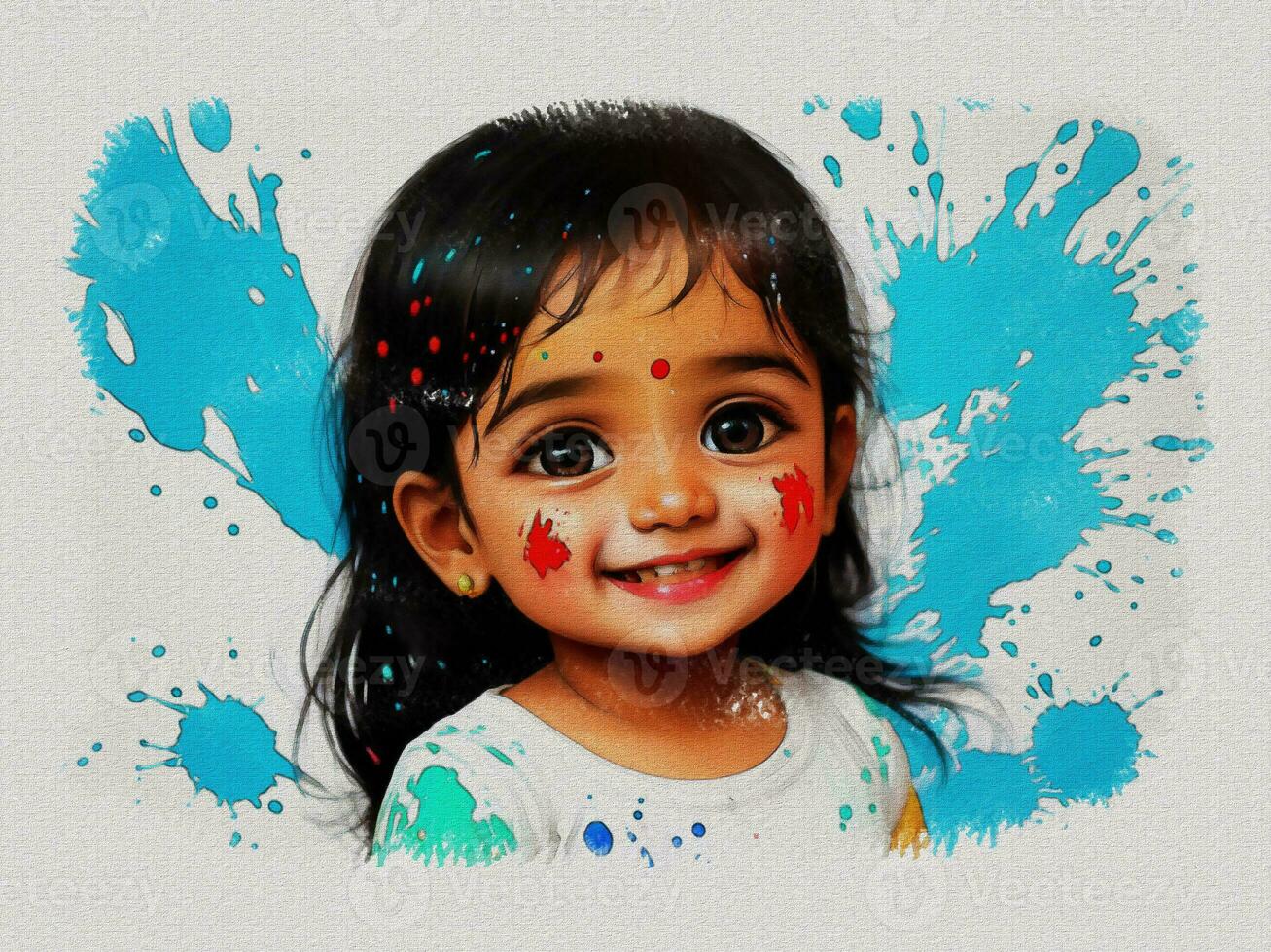 Watercolor colorful cute girl face illustration on white paper texture background photo