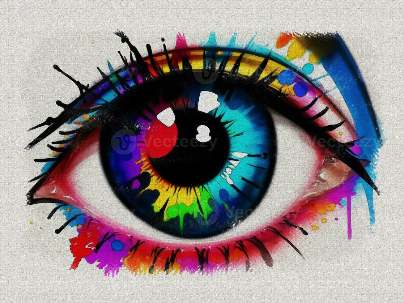 Watercolor colorful graffiti eye art illustration on white paper texture background photo