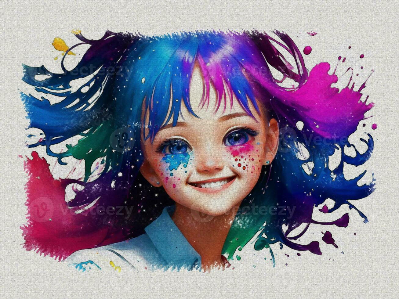 Watercolor cute girl with colored art illustration on white paper texture background photo