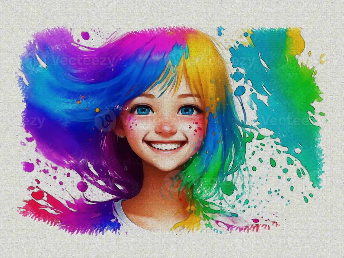 Watercolor cute girl with colored art illustration on white paper
