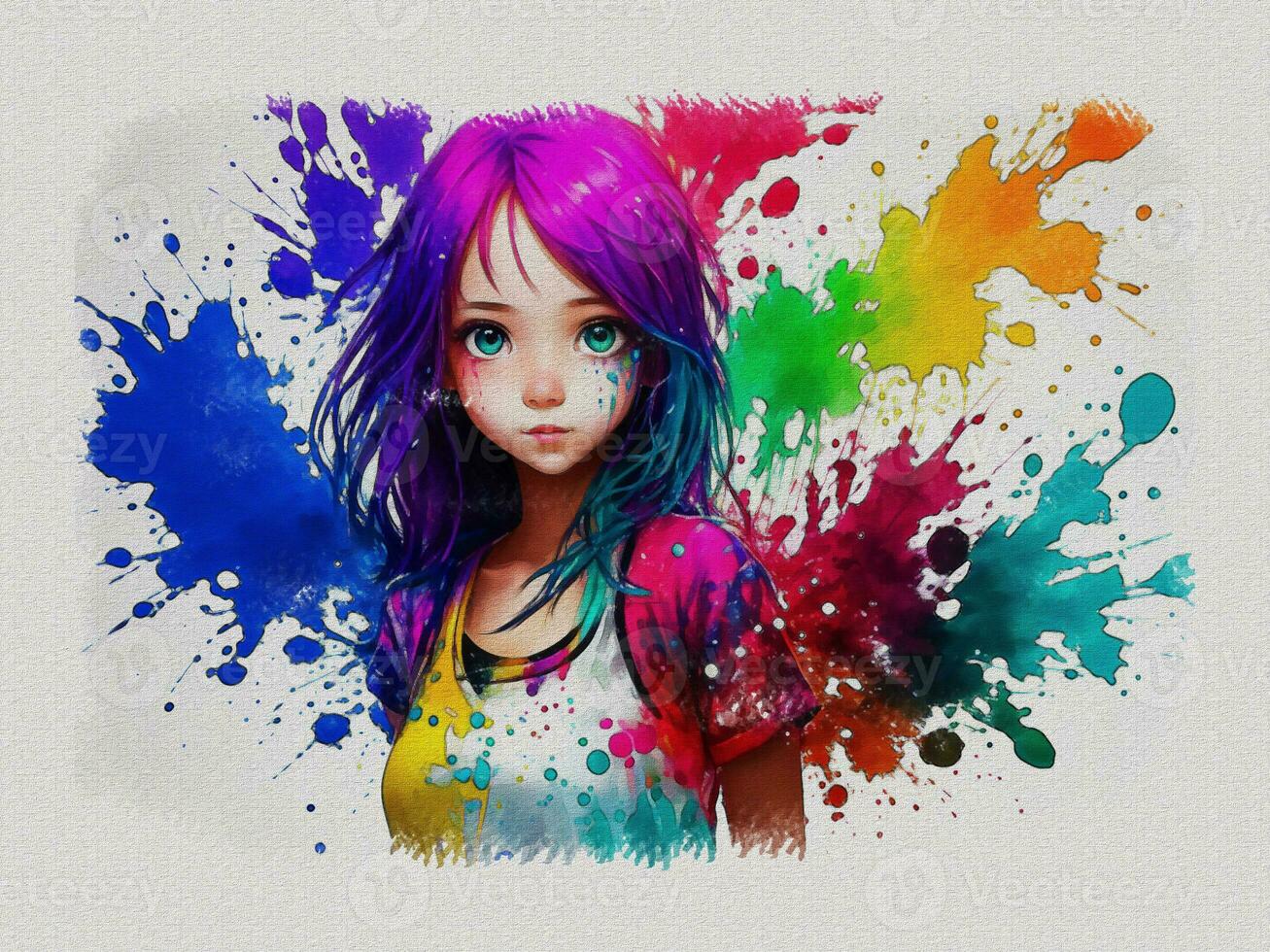 Watercolor cute girl with colored art illustration on white paper texture background photo