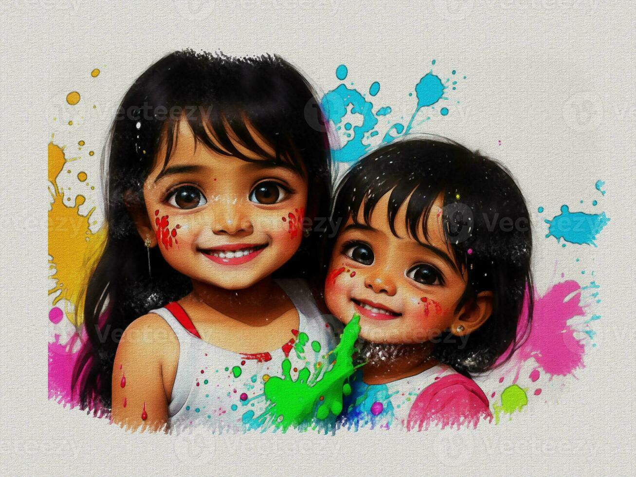 Watercolor colorful cute girl face illustration on white paper texture background photo