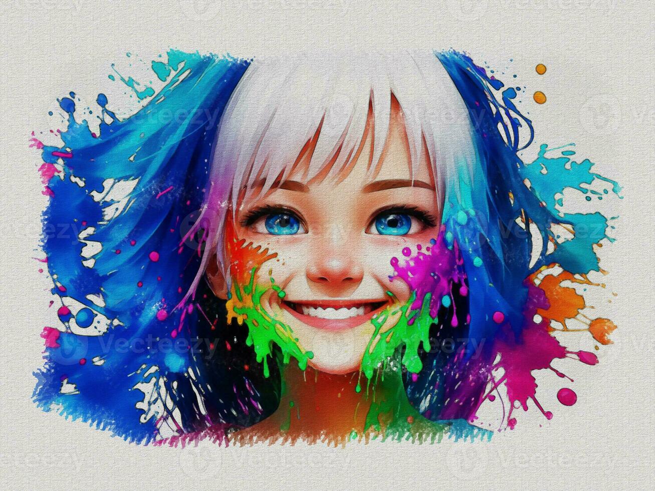 Watercolor cute girl with colored art illustration on white paper texture background photo