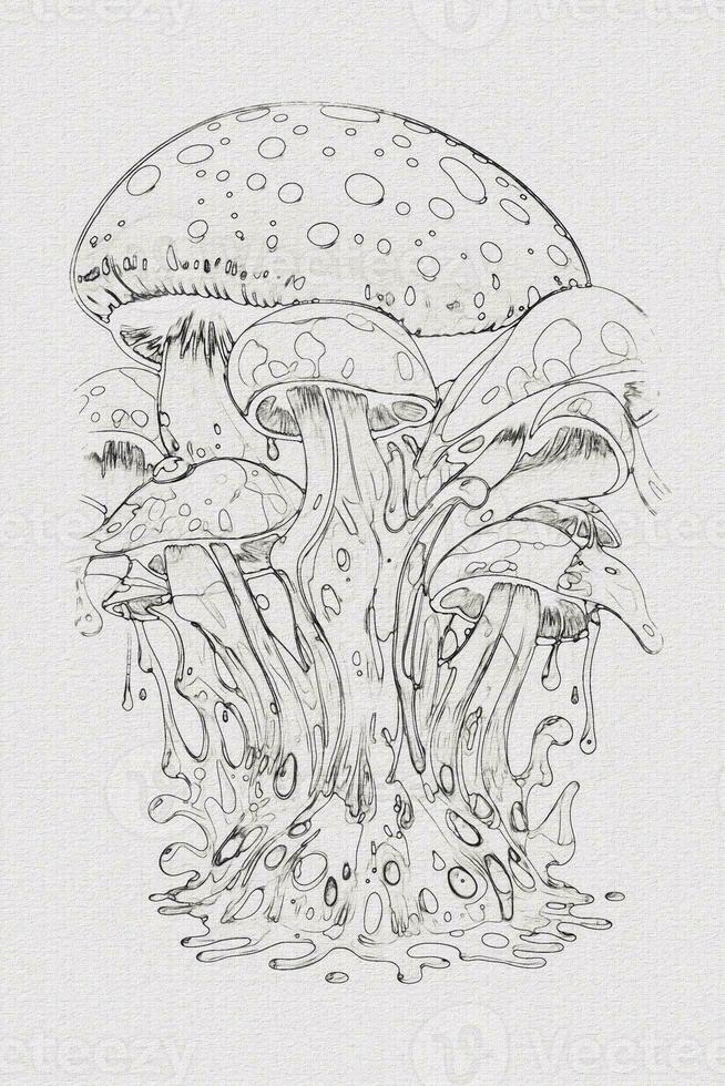 A hand-drawn sketch of a mushroom outline illustration on white texture background photo
