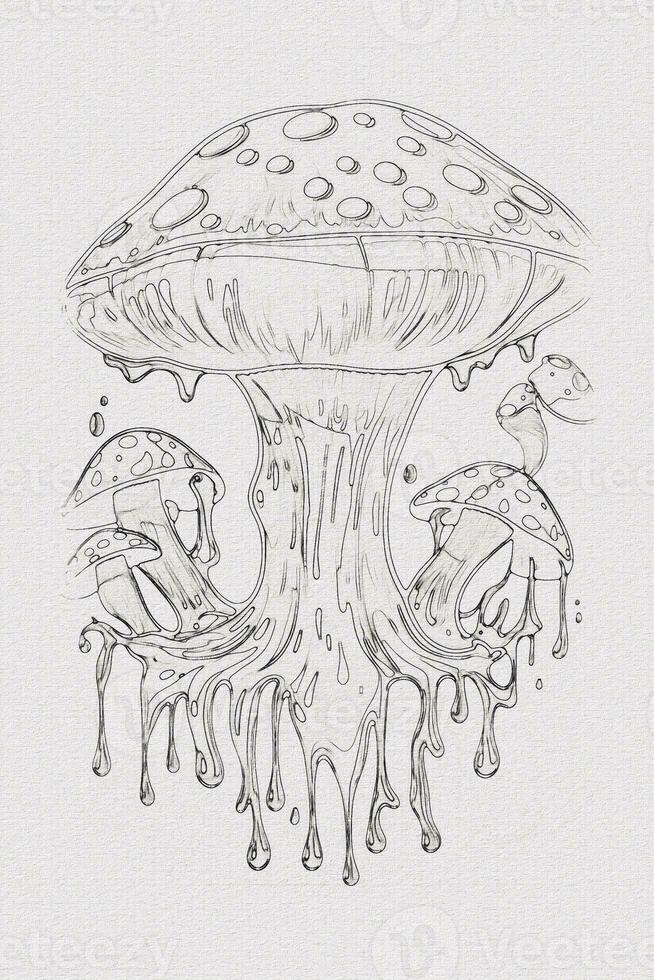 A hand-drawn sketch of a mushroom outline illustration on white texture background photo