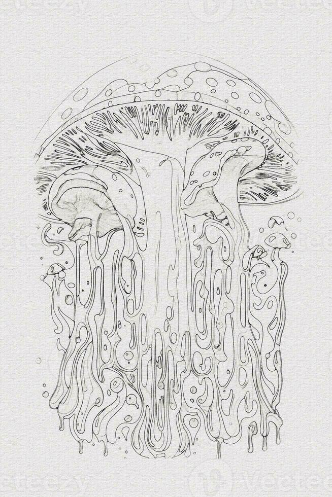 A hand-drawn sketch of a mushroom outline illustration on white texture background photo