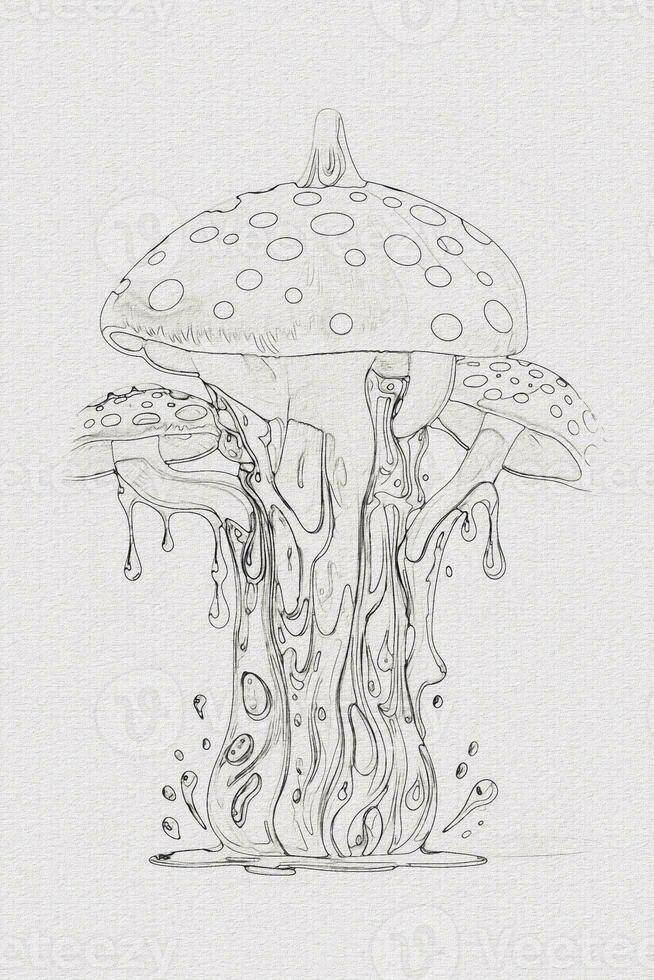 A hand-drawn sketch of a mushroom outline illustration on white texture background photo