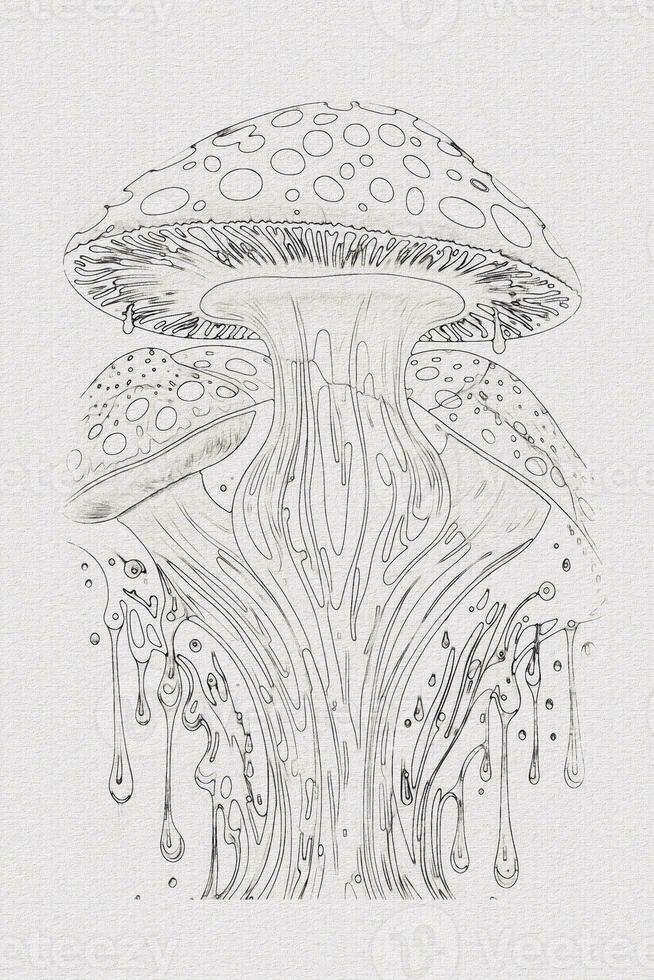 A hand-drawn sketch of a mushroom outline illustration on white texture background photo