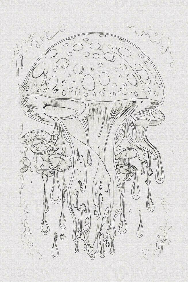 A hand-drawn sketch of a mushroom outline illustration on white texture background photo