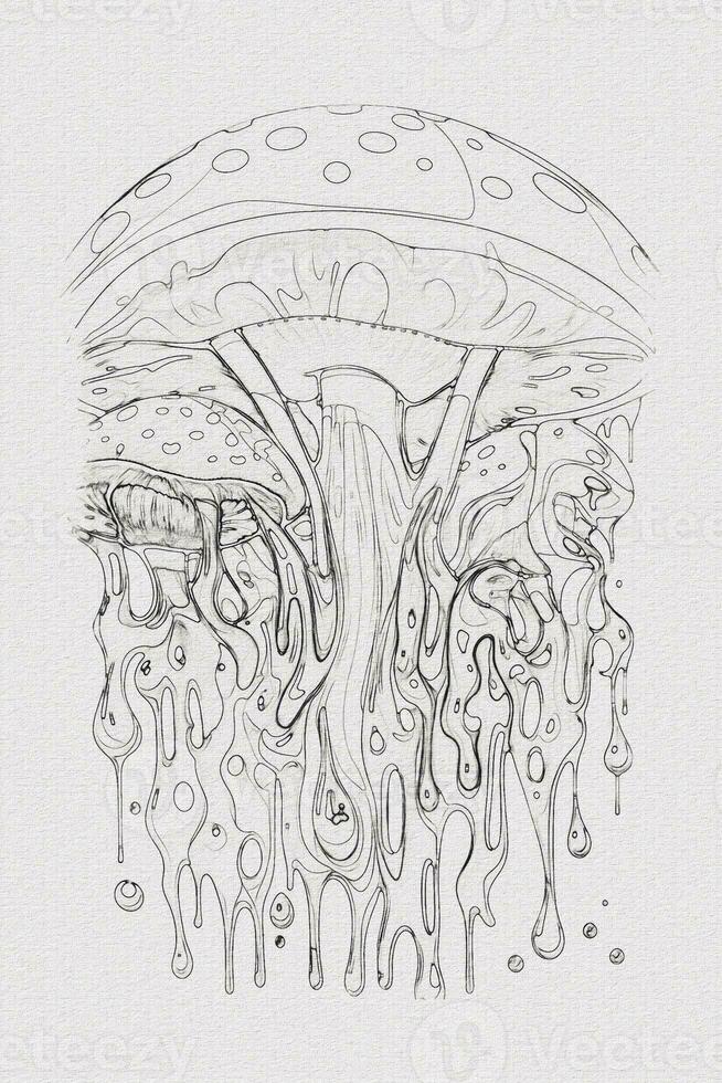 A hand-drawn sketch of a mushroom outline illustration on white texture background photo