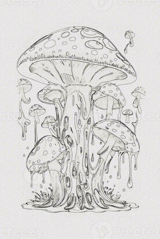 A hand-drawn sketch of a mushroom outline illustration on white texture background photo