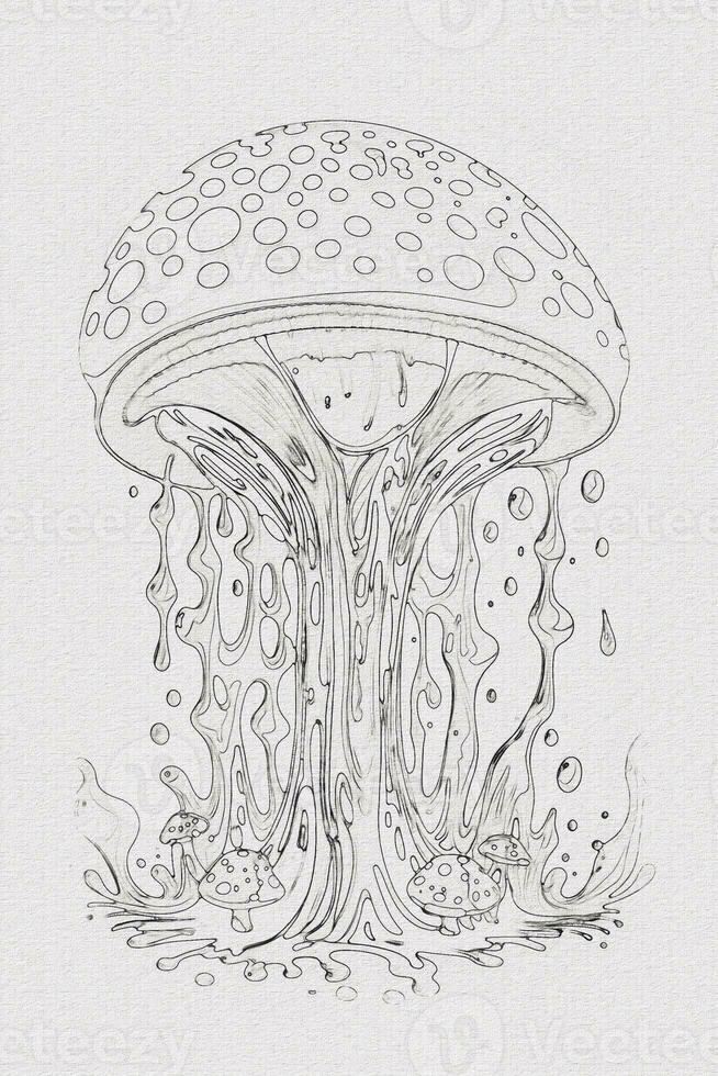 A hand-drawn sketch of a mushroom outline illustration on white texture background photo