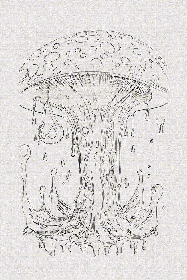 A hand-drawn sketch of a mushroom outline illustration on white texture background photo