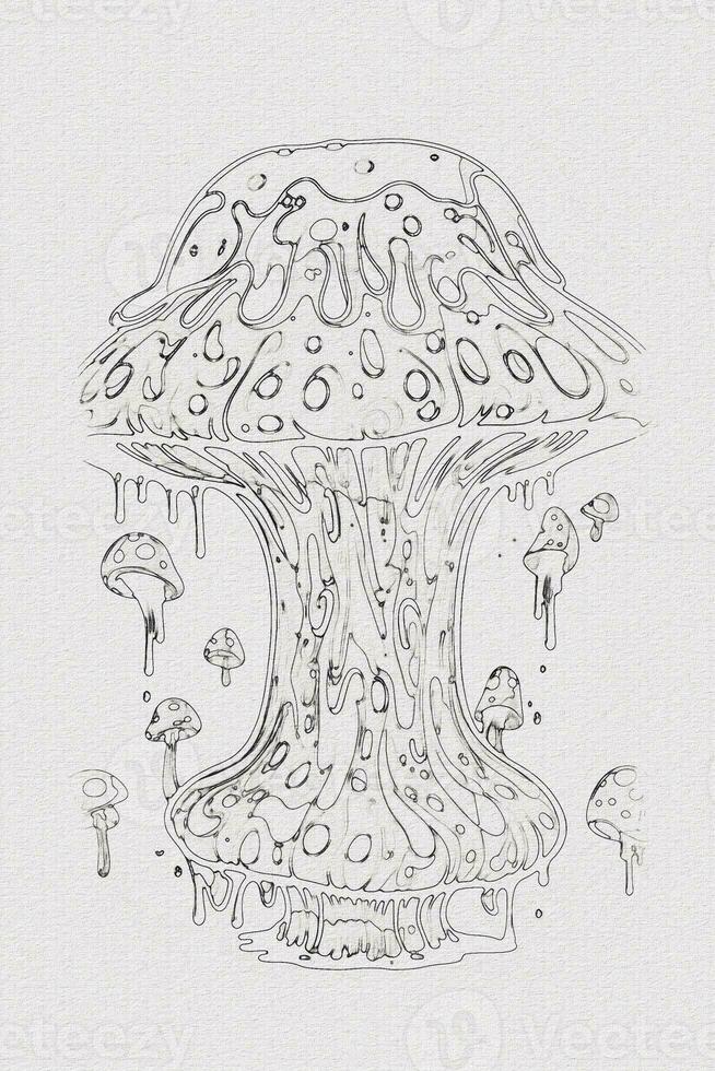 A hand-drawn sketch of a mushroom outline illustration on white texture background photo