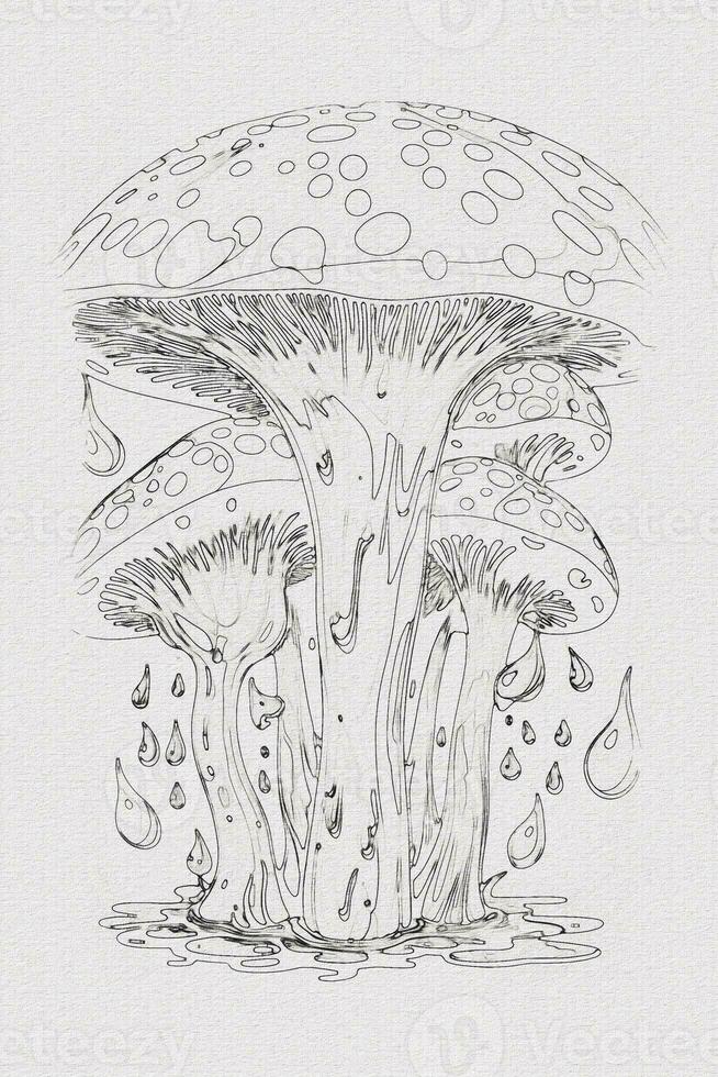 A hand-drawn sketch of a mushroom outline illustration on white texture background photo