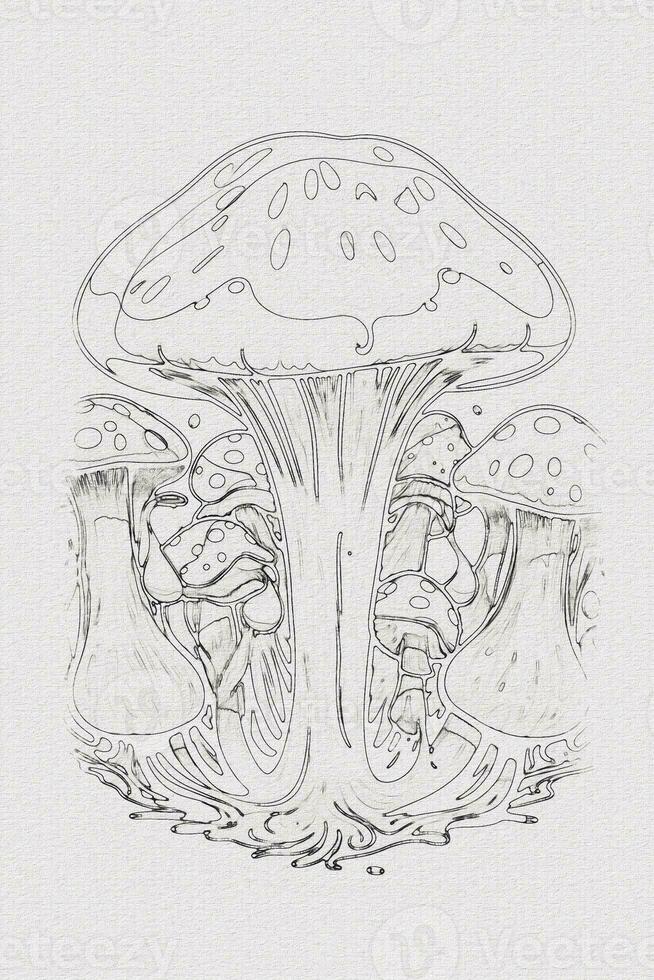 A hand-drawn sketch of a mushroom outline illustration on white texture background photo