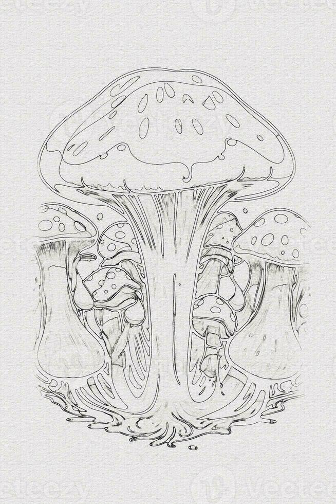 A hand-drawn sketch of a mushroom outline illustration on white texture background photo