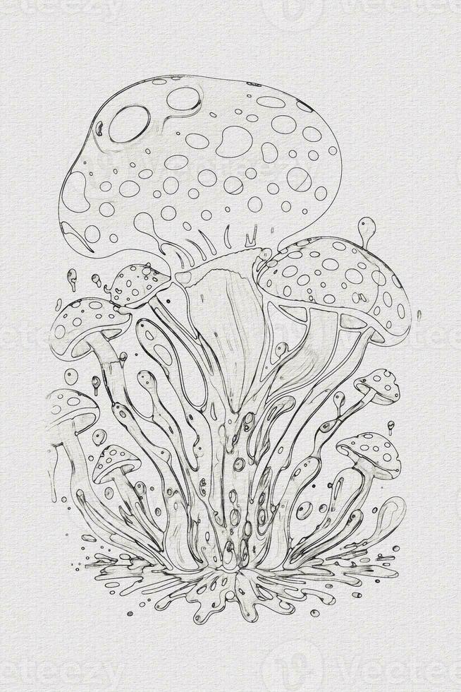 A hand-drawn sketch of a mushroom outline illustration on white texture background photo