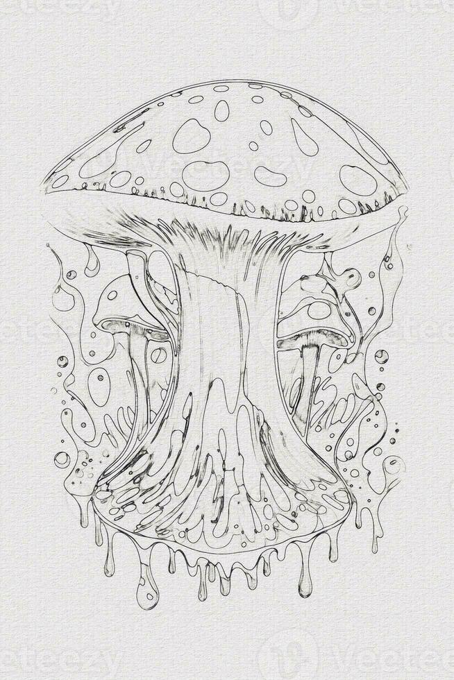 A hand-drawn sketch of a mushroom outline illustration on white texture background photo