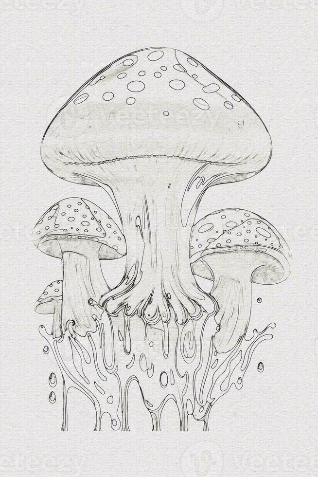 A hand-drawn sketch of a mushroom outline illustration on white texture background photo