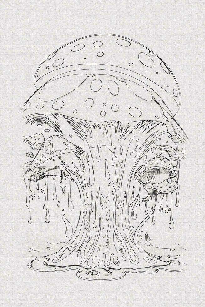 A hand-drawn sketch of a mushroom outline illustration on white texture background photo