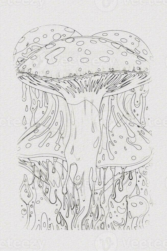 A hand-drawn sketch of a mushroom outline illustration on white texture background photo