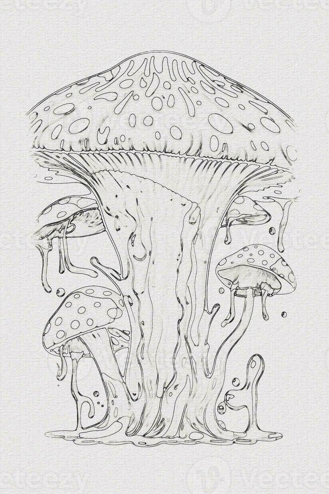 A hand-drawn sketch of a mushroom outline illustration on white texture background photo