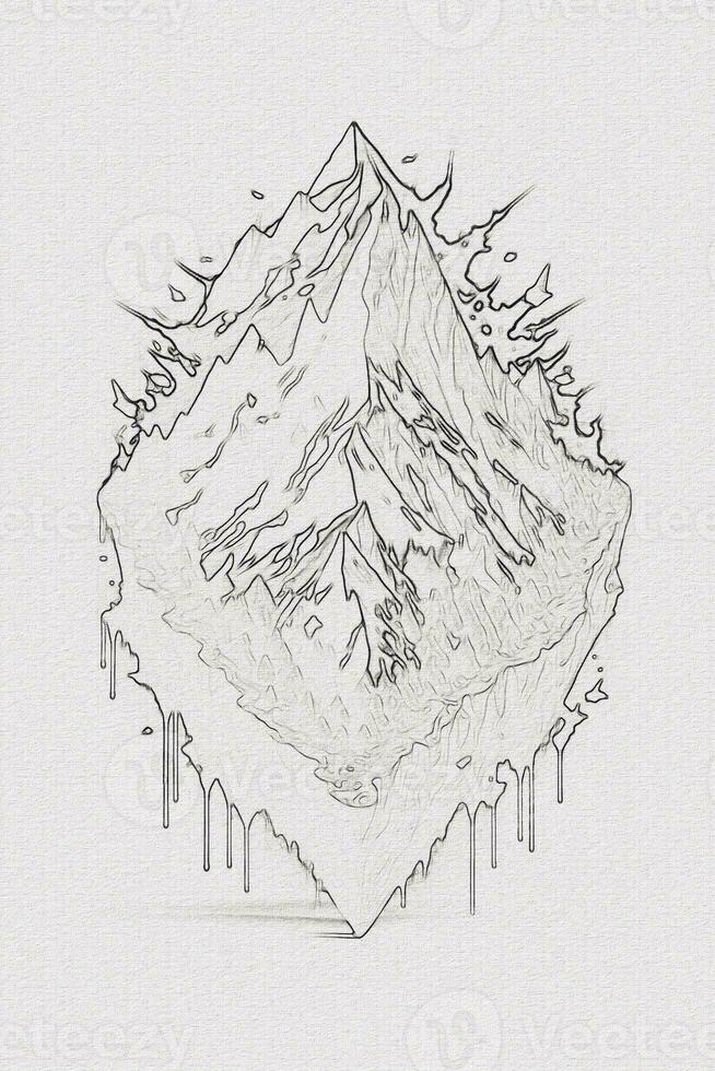 Hand-drawn outline sketch of mountain illustration with texture for t-shirt and book cover design photo