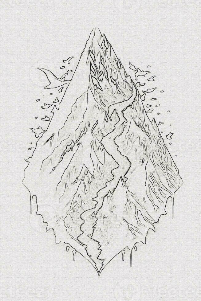 dibujado a mano contorno bosquejo de montaña ilustración con textura para camiseta y libro cubrir diseño foto