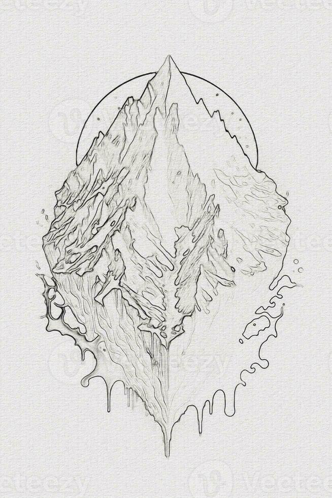 Hand-drawn outline sketch of mountain illustration with texture for t-shirt and book cover design photo