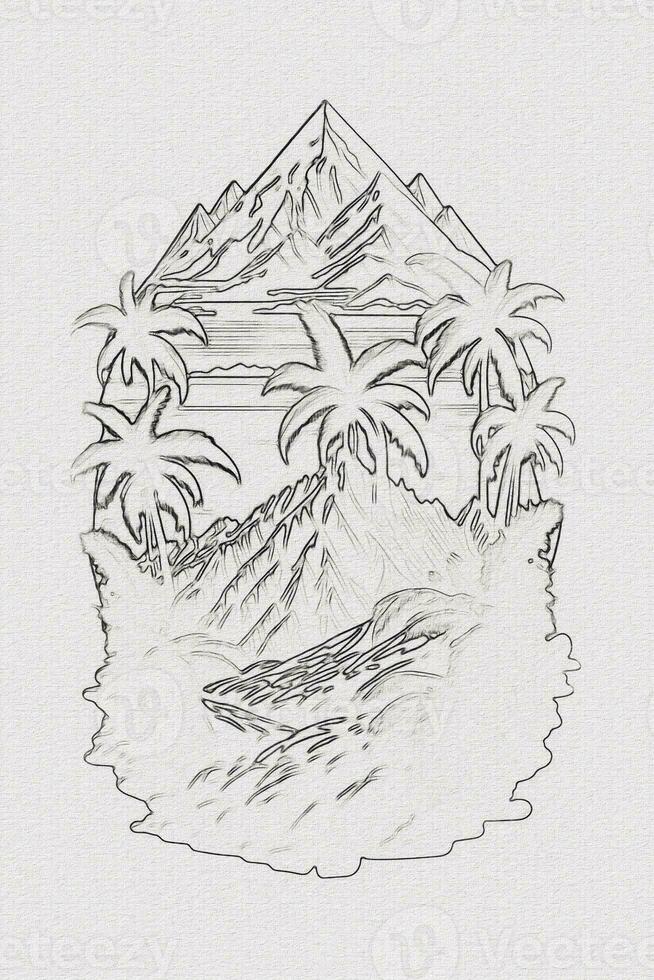 Hand-drawn outline sketch of sunset, mountain, and palm tree illustration for t-shirt design photo