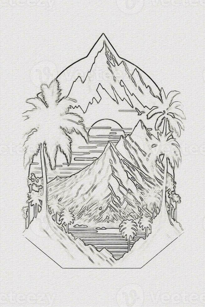 Hand-drawn outline sketch of sunset, mountain, and palm tree illustration for t-shirt design photo