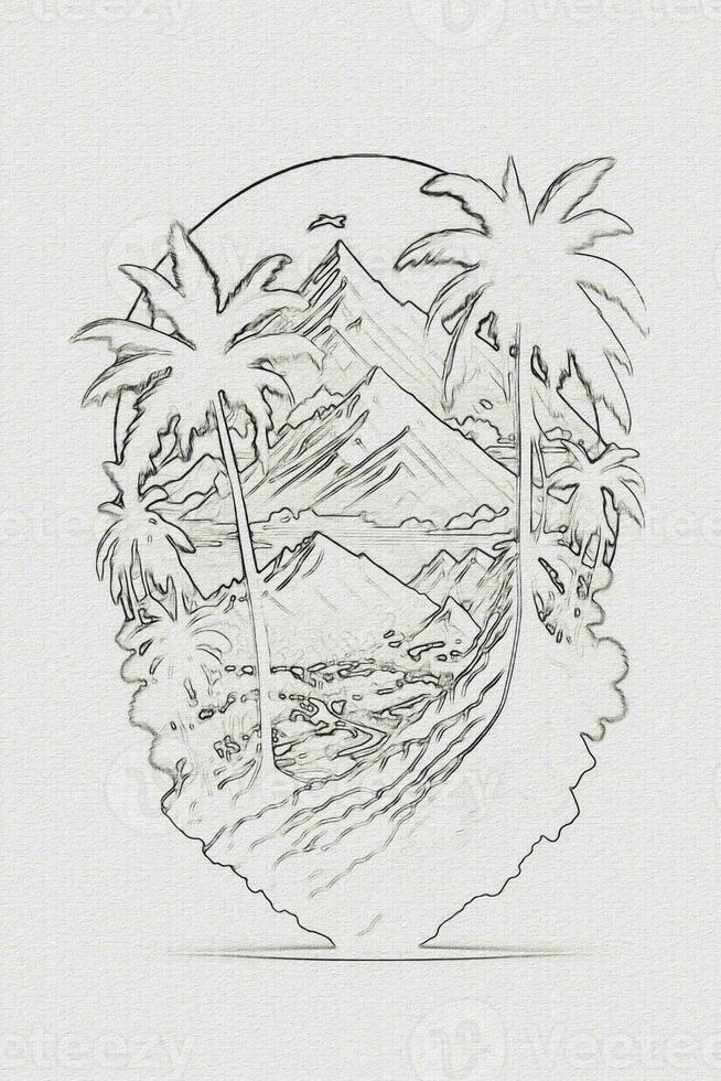 Hand-drawn outline sketch of sunset, mountain, and palm tree illustration for t-shirt design photo