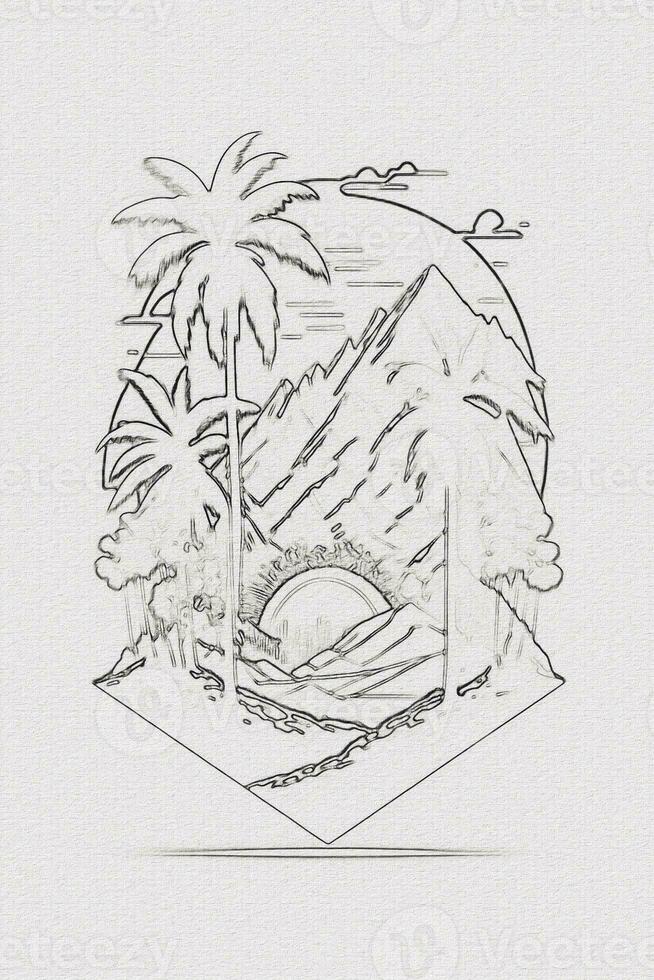 dibujado a mano contorno bosquejo de atardecer, montaña, y palma árbol ilustración para camiseta diseño foto