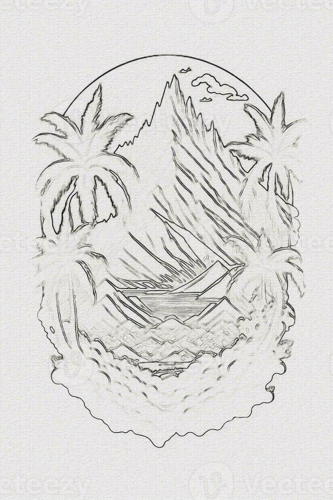 Hand-drawn outline sketch of sunset, mountain, and palm tree illustration for t-shirt design photo