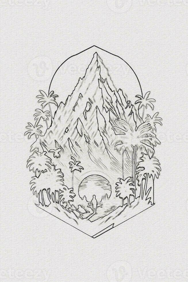 Hand-drawn outline sketch of sunset, mountain, and palm tree illustration for t-shirt design photo