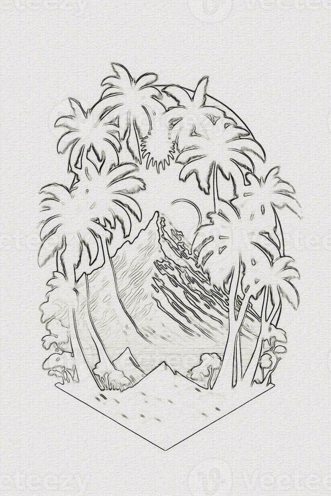Hand-drawn outline sketch of sunset, mountain, and palm tree illustration for t-shirt design photo