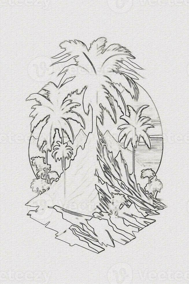 Hand-drawn outline sketch of sunset, mountain, and palm tree illustration for t-shirt design photo