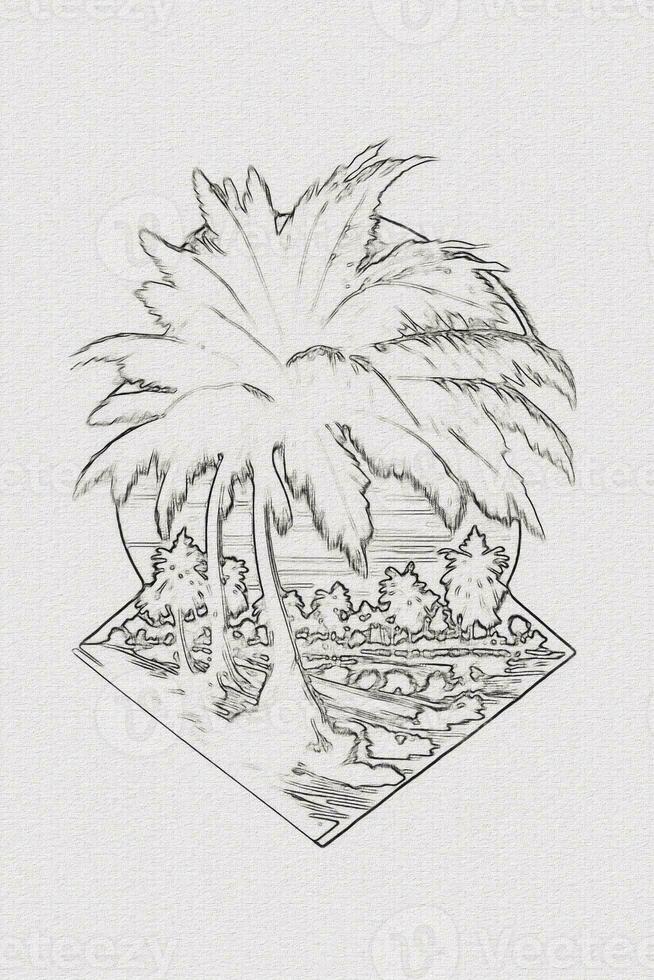 Hand-drawn outline sketch of sunset, mountain, and palm tree illustration for t-shirt design photo