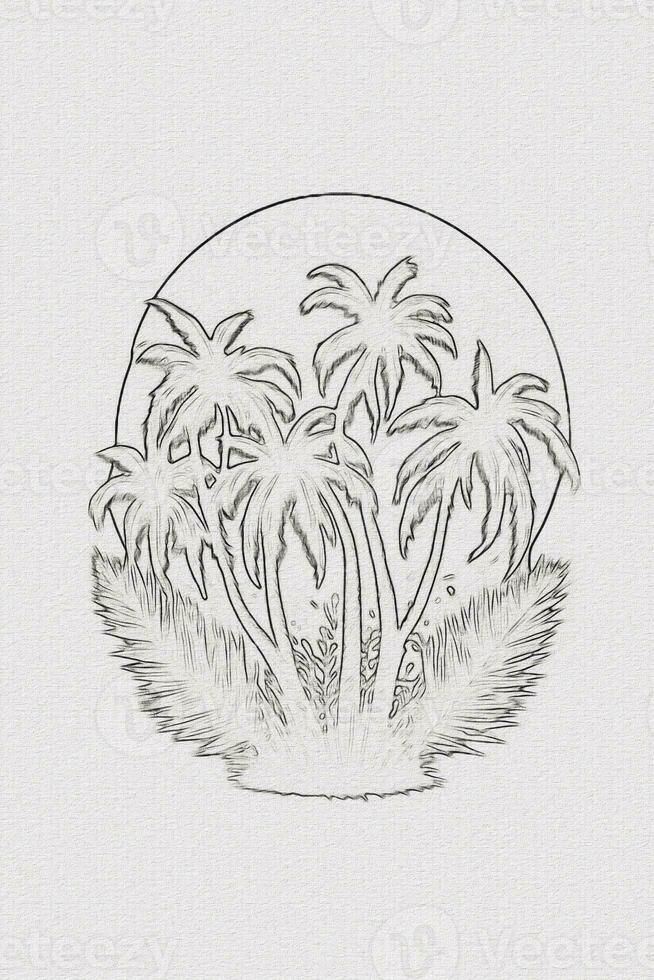 Hand-drawn outline sketch of sunset, mountain, and palm tree illustration for t-shirt design photo